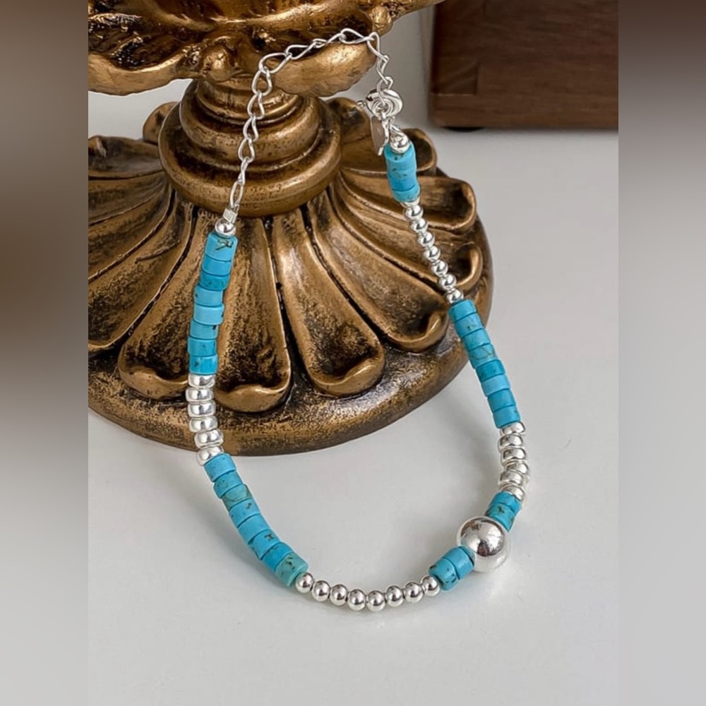 925 Sterling Silver Turquoise Vintage Handmade Beaded Bracelet